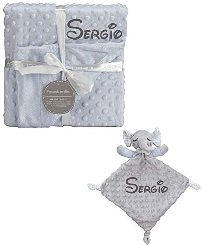 mibebestore Set de Manta + Dou dou Personalizado con Nombre Bordado Elefante Azul/Gris Baby Shower