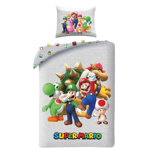 Juego de cama Super Mario reversible, funda n&oacute;rdica de 140 x 200 cm y funda de almohada,...