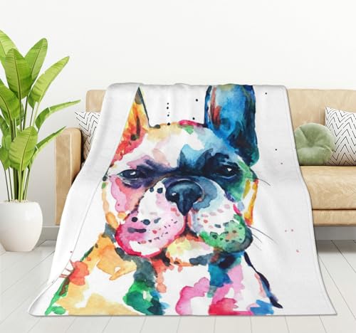 HGOD DESIGNS Manta de cama de franela de bulldog franc&eacute;s en acuarela, divertida manta de animal...