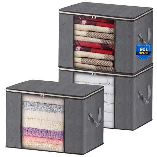 AIOR 3pcs Bolsa de Almacenamiento de Ropa Plegable, 90L Grandes Cajas de Almacenaje Ropa con...