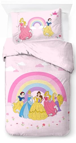 Jay Franco Disney Princess Rainbow - Juego de funda n&oacute;rdica para cama individual, 100 % algod&oacute;n,...