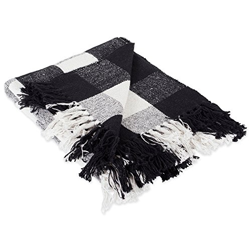 DII, Buffalo Check Collection, Manta r&uacute;stica con borlas, 127 x 152 cm, Negro y Blanco