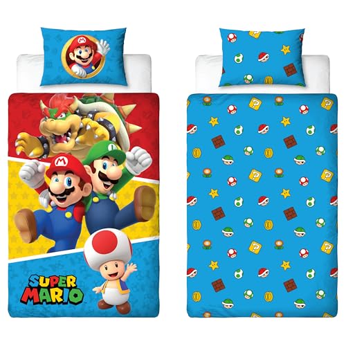 Nintendo Super Mario - Juego de Funda de edred&oacute;n para Cama Individual, dise&ntilde;o de divisiones, Funda...