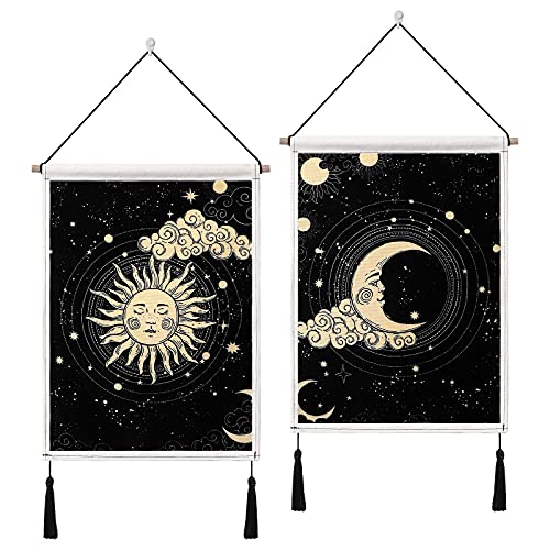 Betylifoy Paquete de 2 Tapices de Pared de Luna y Sol con Borlas Tarot Banner Negro Tapiz para...