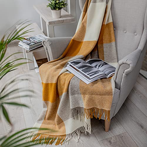 Linen & Cotton C&aacute;lida y Suave Manta de Lana a Cuadros Devon -100% Pura Lana de Nueva Zelanda, Beige...