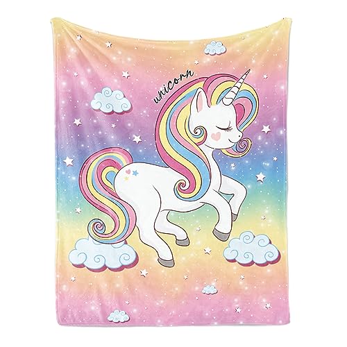 FEELJAM Manta de unicornio rosa, manta de franela suave de forro polar para ni&ntilde;os, manta de sof&aacute;,...