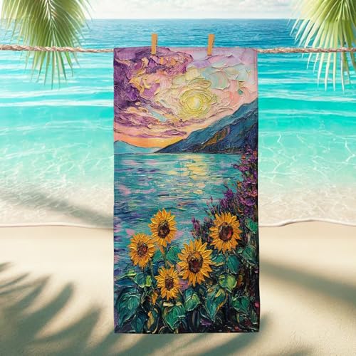 Toalla de playa de girasol vibrante, toalla de ba&ntilde;o de microfibra floral colorida, secado r&aacute;pido,...