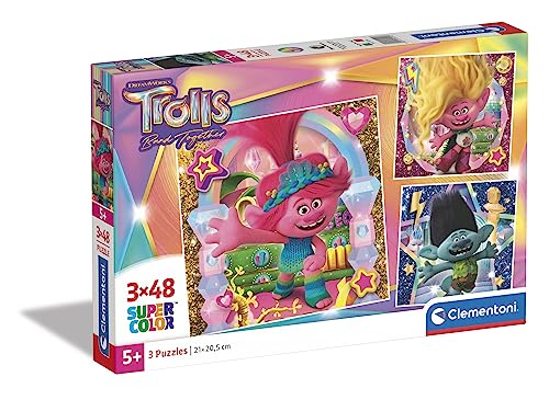 Clementoni 25292 Supercolor Puzzle 3x48 Piezas, Trolls 3, 3 Puzzles Infantiles De 48 Piezas Cada Uno...