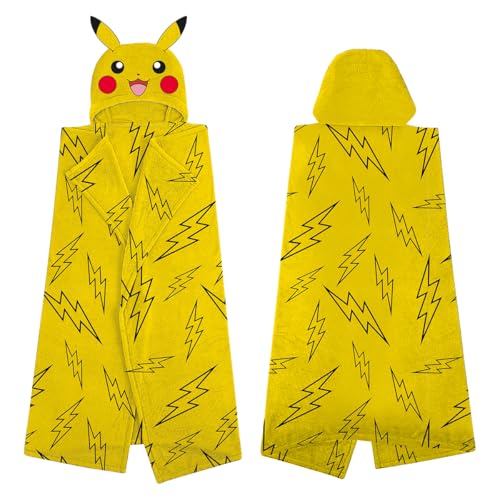 Character World Manta de forro polar con capucha oficial de Pok&eacute;mon, manta amarilla c&aacute;lida s&uacute;per...