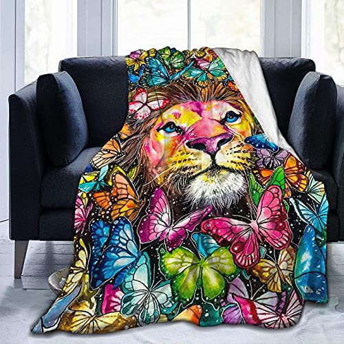 Manta de rey le&oacute;n, cabeza de le&oacute;n con estampado de animales de mariposa colorida, suave, afelpada,...