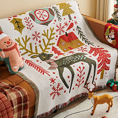 LumiSyne Mantas Decorativas De Navidad Manta De Algod&oacute;n Tejida con Borlas Jacquard De Tem&aacute;tica...