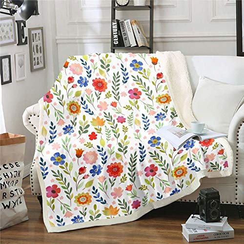 Homewish Manta floral de sherpa de flores coloridas con hojas manta de forro polar fresca estilo...